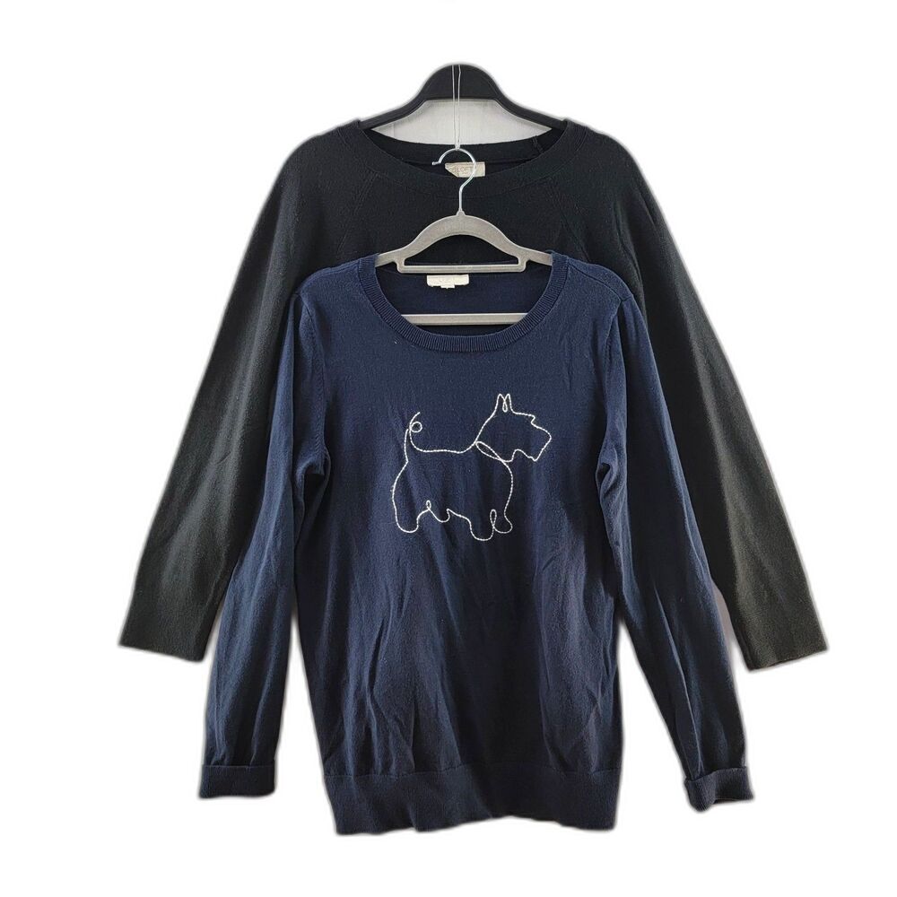 Bundle of 2 LOFT Navy Blue & Black Embroidered Dog 100% Cotton Sweater Size M